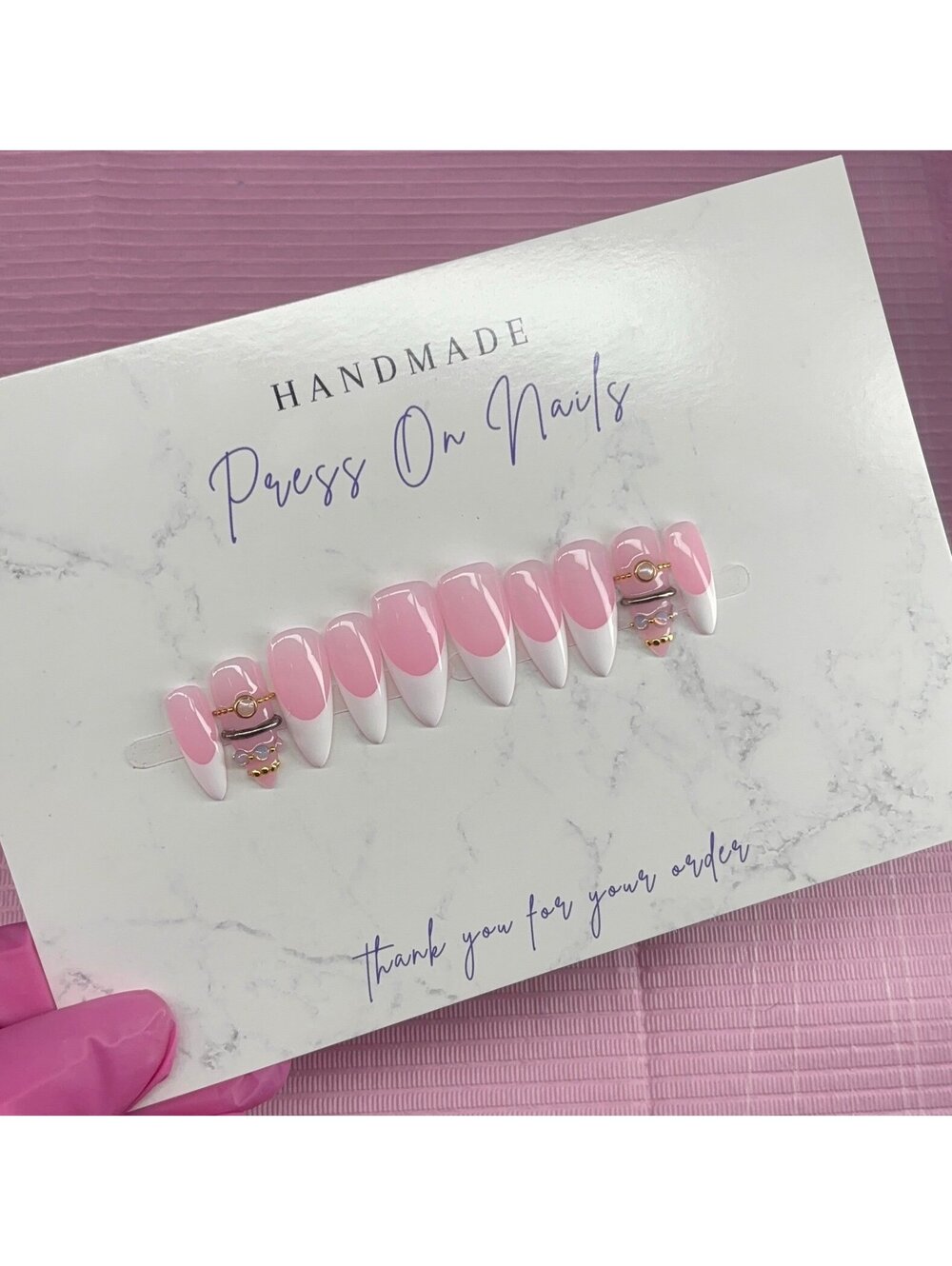 Medium almond press on nails white French tips pink base